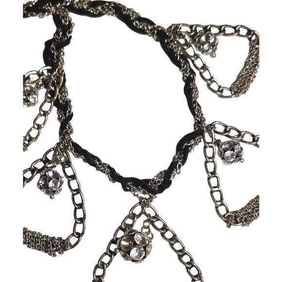 Vintage Necklace Efm Handmade Silver-Tone Statement Chain Rhinestone Black Rope - Picture 2 of 6